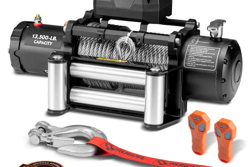 RUGCEL 13,500 pound 12V electric truck winch with steel cable and roller fairlead for rocky recovery