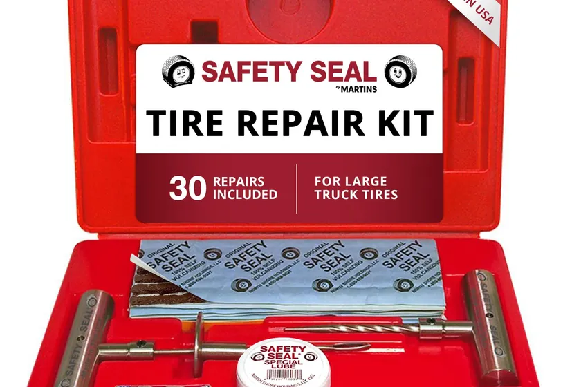 Safety Seal Truck Deluxe tire repair kit with long brown repair plugs, insertion tool and probe in a hard plastic case