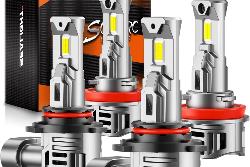 SEALIGHT S1-Pro LED bulb combo showing two 9005 and two H11 bulbs with finned aluminum bodies and cooling fans