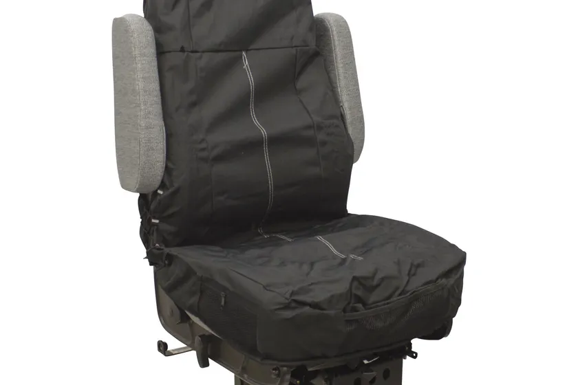 Seats Inc. Coveralls solid black heavy duty seat cover fitted over a high back semi truck air ride seat