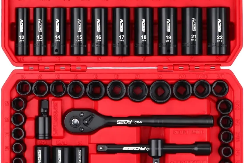 SEDY 96 piece 3/8 inch drive impact socket set in a molded case with black phosphate standard and deep sockets, ratchet and bits
