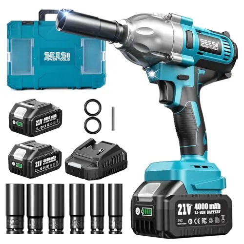 Seesii WH9 Pro 1/2 inch cordless impact wrench with two 21V batteries, six sockets and a hard case