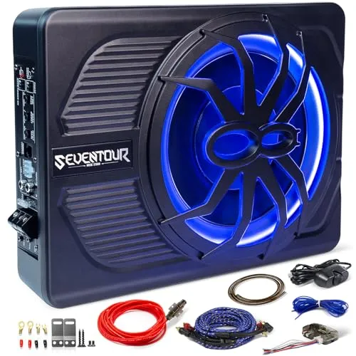 Seventour slim 10 inch under-seat powered car subwoofer in a cast aluminum housing with a blue LED ring and wired bass remote