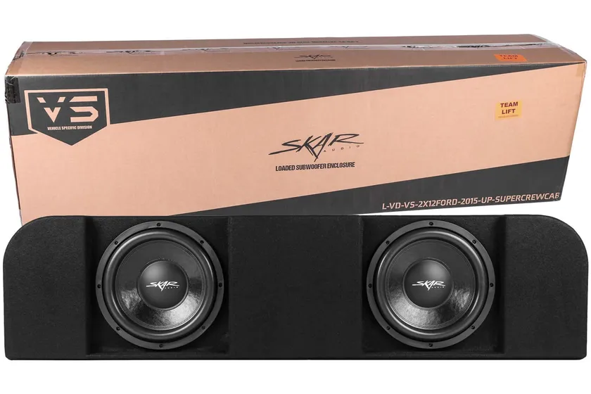 Skar Audio dual 12 inch loaded subwoofer enclosure shaped to fit under the rear seat of a Ford F-150 SuperCrew