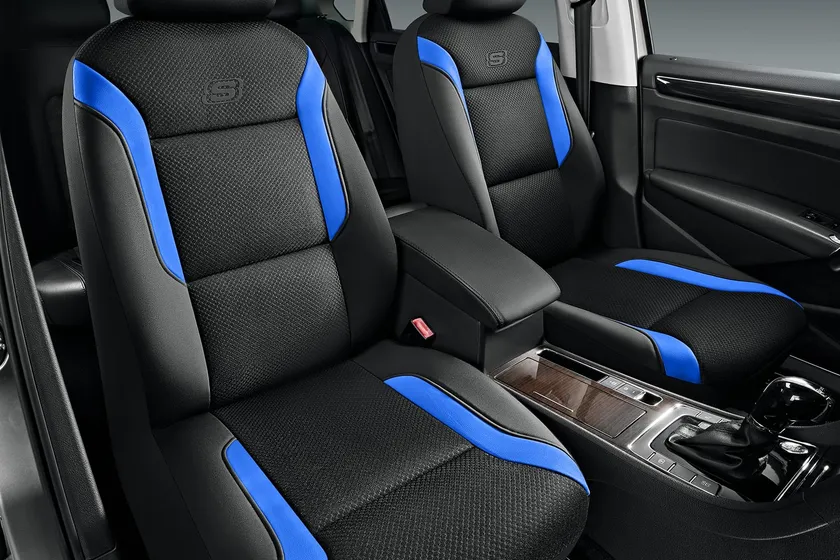 Blue Skechers air cool mesh car seat cover with memory foam padding installed on a front bucket seat