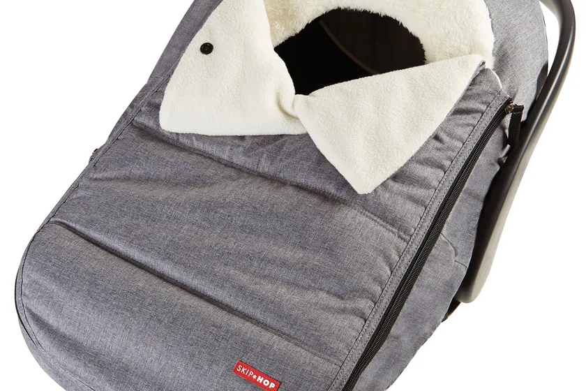 Skip Hop Stroll and Go heather grey insulated winter cover zipped over an infant car seat carrier