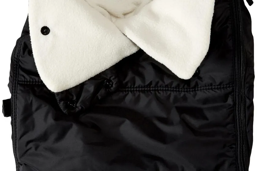 Skip Hop Stroll and Go black insulated winter car seat cover with zip-open front panel on an infant carrier