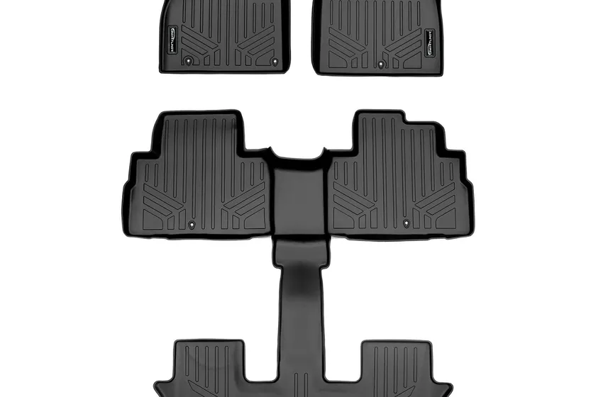 SMARTLINER black three-row custom fit floor mat set laid out for a Kia Telluride