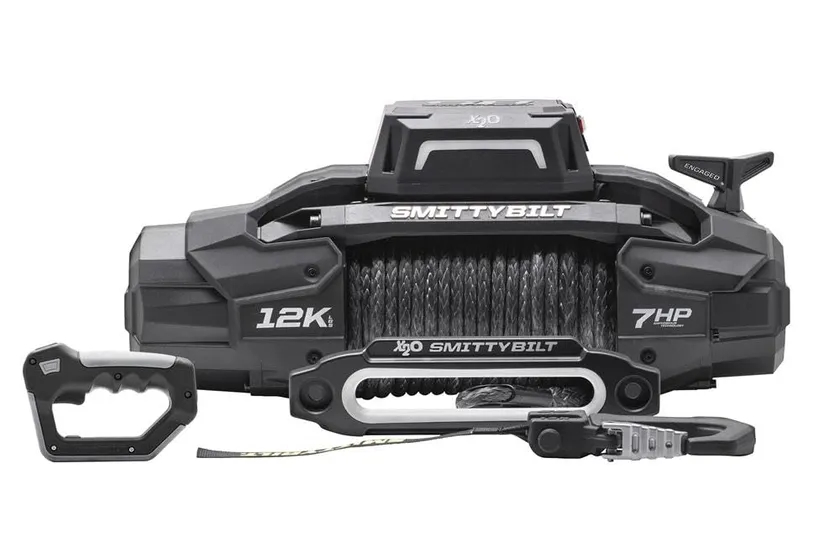 Smittybilt X2O Gen3 12K electric winch with black housing, integrated control box and black synthetic rope