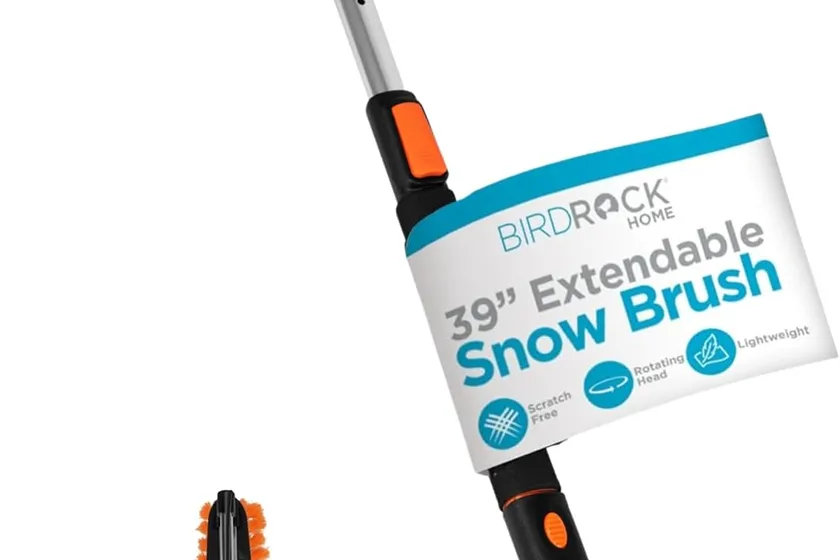 Snow MOOver extendable aluminum snow brush with a double sided squeegee and bristle head and a separate ice scraper