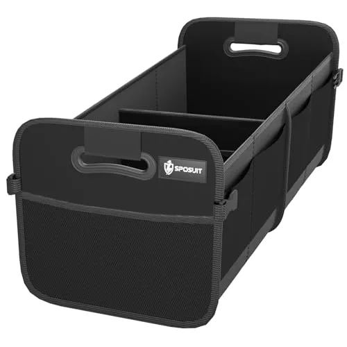 Sposuit 70L black trunk organizer open in a cargo area with cloth side pockets and mesh pockets