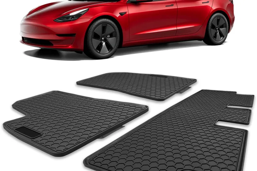 Spurtar black honeycomb rubber floor mat 3-pack for the Tesla Model 3 with raised 3D edges