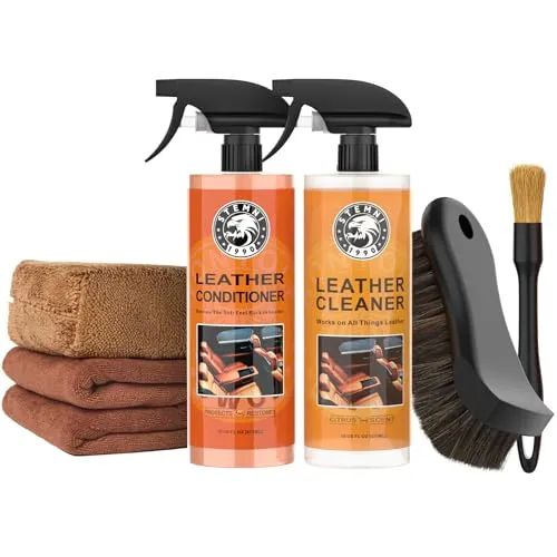 Stemni leather care kit with a 16 oz cleaner, a 16 oz conditioner, a horse hair brush, a detailing brush, an applicator pad and a microfiber towel
