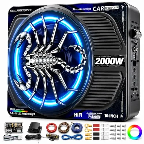 SUBPULSIX slim 10 inch under-seat powered car subwoofer with a built-in Class D amplifier and RGB light ring