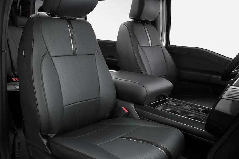 Black leather Super Cover seat covers custom fitted to Ford F-150 bucket seats and rear bench