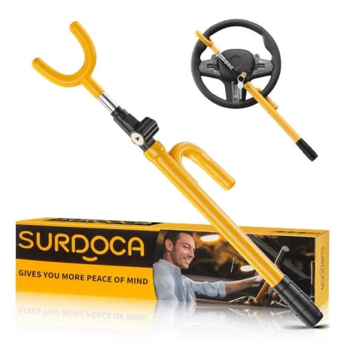 Yellow SURDOCA steering wheel lock with a black rubber grip sleeve and two cross keys
