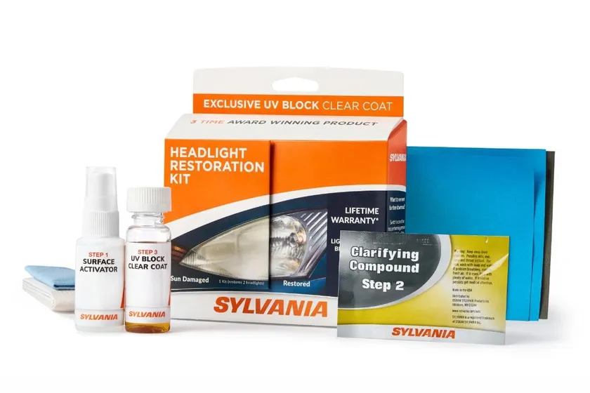 SYLVANIA headlight restoration kit box with surface activator, clarifying compound and UV block clear coat
