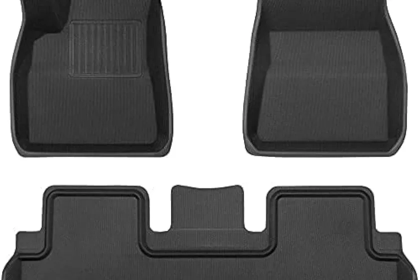 TAPTES black all weather floor liner set for the Tesla Model 3 covering the front footwells and rear floor
