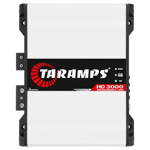 Taramp's HD 3000 white monoblock car amplifier with LED monitor indicator and heavy gauge power terminals