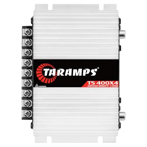 Taramp's TS 400x4 small white four channel Class D car amplifier with RCA input and screw terminals