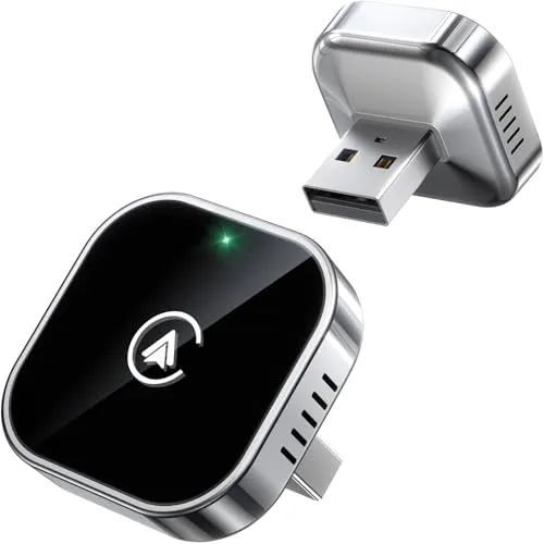 Teeran 2 in 1 wireless CarPlay and Android Auto adapter in silver, about the size of a US dollar coin, with USB-A and USB-C extension cables