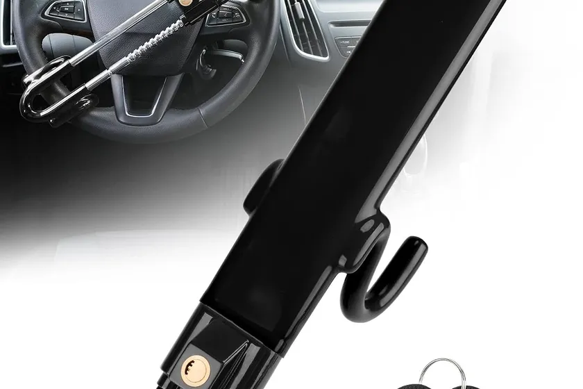 Black Tevlaphee twin bar steering wheel lock with four locking hooks and three keys