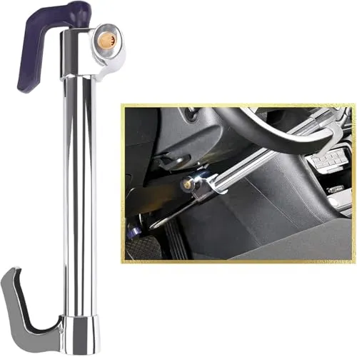 Silver Tevlaphee telescopic lock running from a steering wheel rim down to the brake pedal