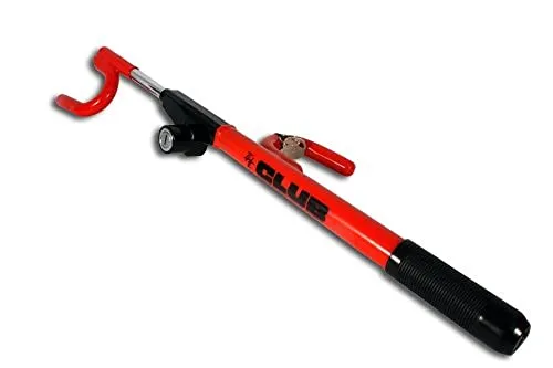 Red Winner International The Club 1000 steering wheel lock hooked over a car steering wheel rim
