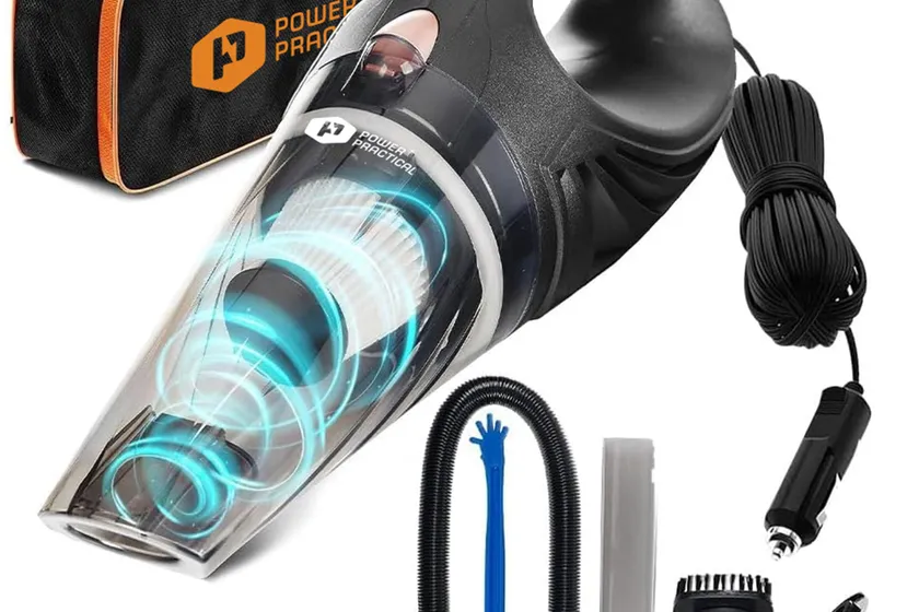 ThisWorx black corded 12V handheld car vacuum with its three nozzle attachments and storage bag