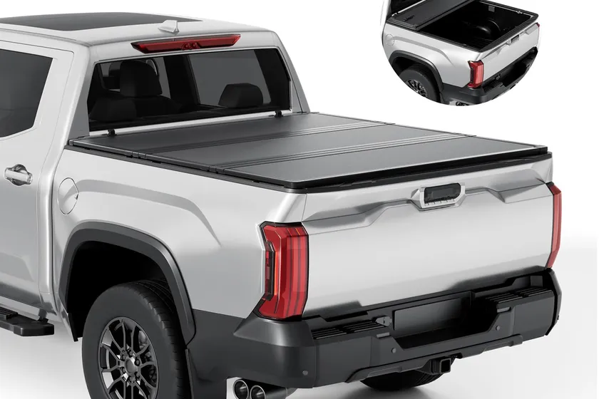 Tono King FRP hard folding tri-fold tonneau cover with textured black panels mounted on a Toyota Tundra bed