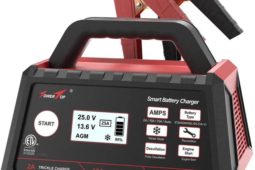 TowerTop TP108MB 25 amp smart car battery charger with an LCD screen and red and black clamps