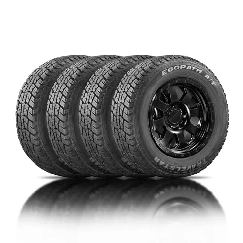 Travelstar Ecopath AT light truck tire standing upright, showing its all terrain tread blocks and load range E sidewall markings