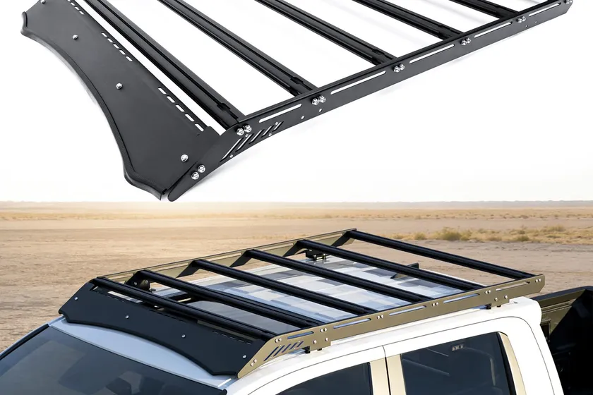 Trumgeta black aluminum roof basket cargo rack mounted on a 2024 Toyota Tacoma Double Cab fourth generation