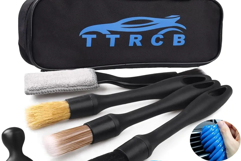TTRCB seven piece car detailing brush set with a boar hair brush, ultra soft interior brush, dual head vent brush, cleaning gel and a black organizer bag