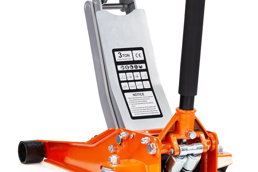 TUFFIOM orange and silver low profile floor jack with dual piston quick lift pump and long chassis