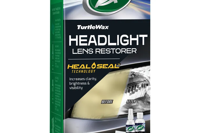 Turtle Wax headlight restoration kit package with clarifying compound, sanding pads and sealing wipes