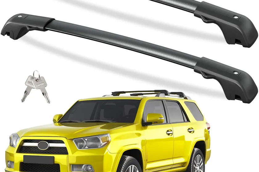 Tuyoung black aluminum lockable cross bars clamped to the factory side rails of a fifth generation Toyota 4Runner