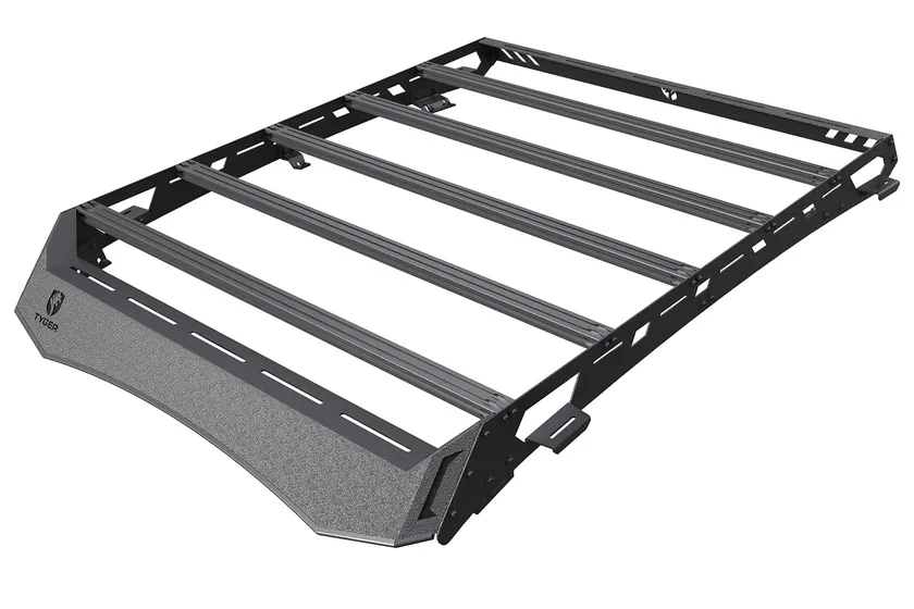Tyger Auto full-size black cargo basket roof rack with paintable accent inserts mounted on a Toyota Tacoma Double Cab