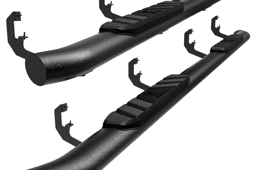 Tyger Auto Rider 3.5 inch running boards with textured black step pads mounted on a Chevy Silverado crew cab