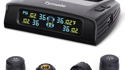 Aftermarket tire pressure monitoring system with a color display showing live pressure and temperature for each tire