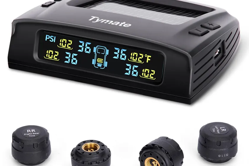 Tymate TM2 tire pressure monitoring system with a color LCD monitor and four screw-on external tire sensors