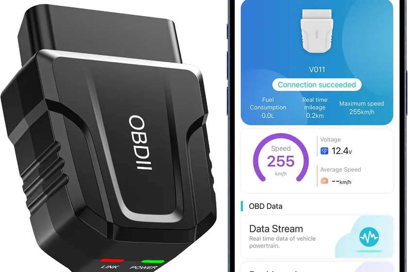 UMEIJA V011 small black Bluetooth OBD2 dongle plugged into a car diagnostic port