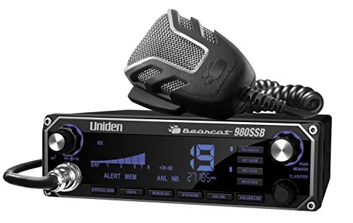 Uniden Bearcat 980 SSB CB radio showing its large colour display, laser etched keys and noise cancelling microphone