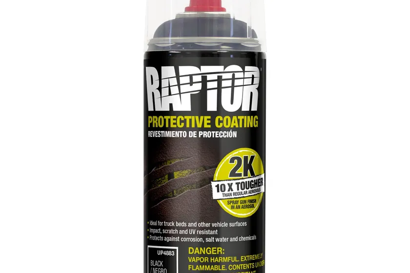 U-POL Raptor 2K black 13.2 ounce aerosol bedliner can with activated protective coating
