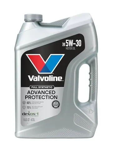 Valvoline Advanced Full Synthetic 5W-30 motor oil in a 5 quart gold and red jug