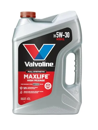 Valvoline MaxLife High Mileage Full Synthetic 5W-30 motor oil in a 5 quart gold and blue jug
