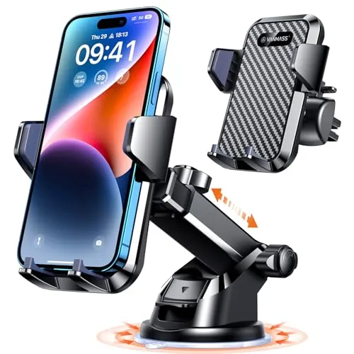 VANMASS black car phone mount with a suction cup base, telescopic arm and spring clamp arms