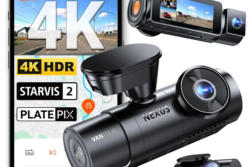 Vantrue N4 Pro S three-channel dash cam with front, cabin, and rear cameras for a work pickup truck