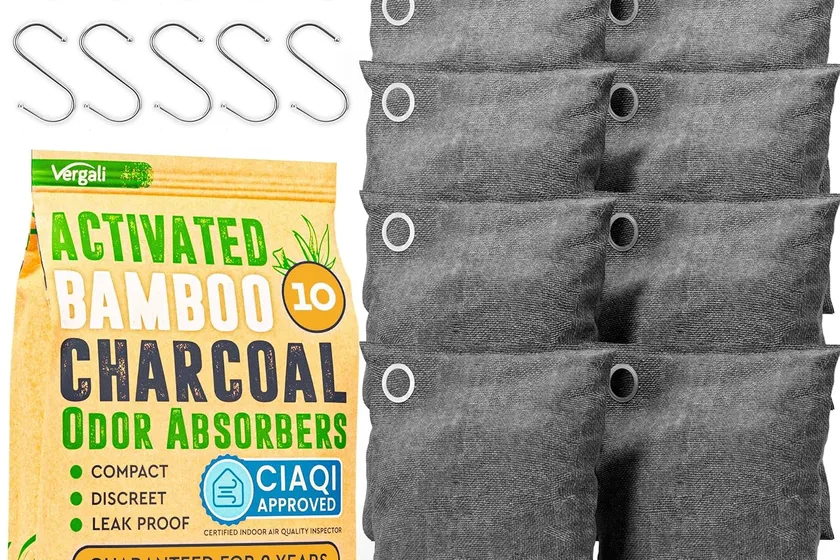 Ten grey Vergali activated bamboo charcoal odor absorber bags with hanging hooks