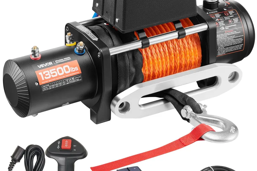 VEVOR 13,500 pound 12V electric truck winch with synthetic rope and aluminum fairlead for off-road recovery